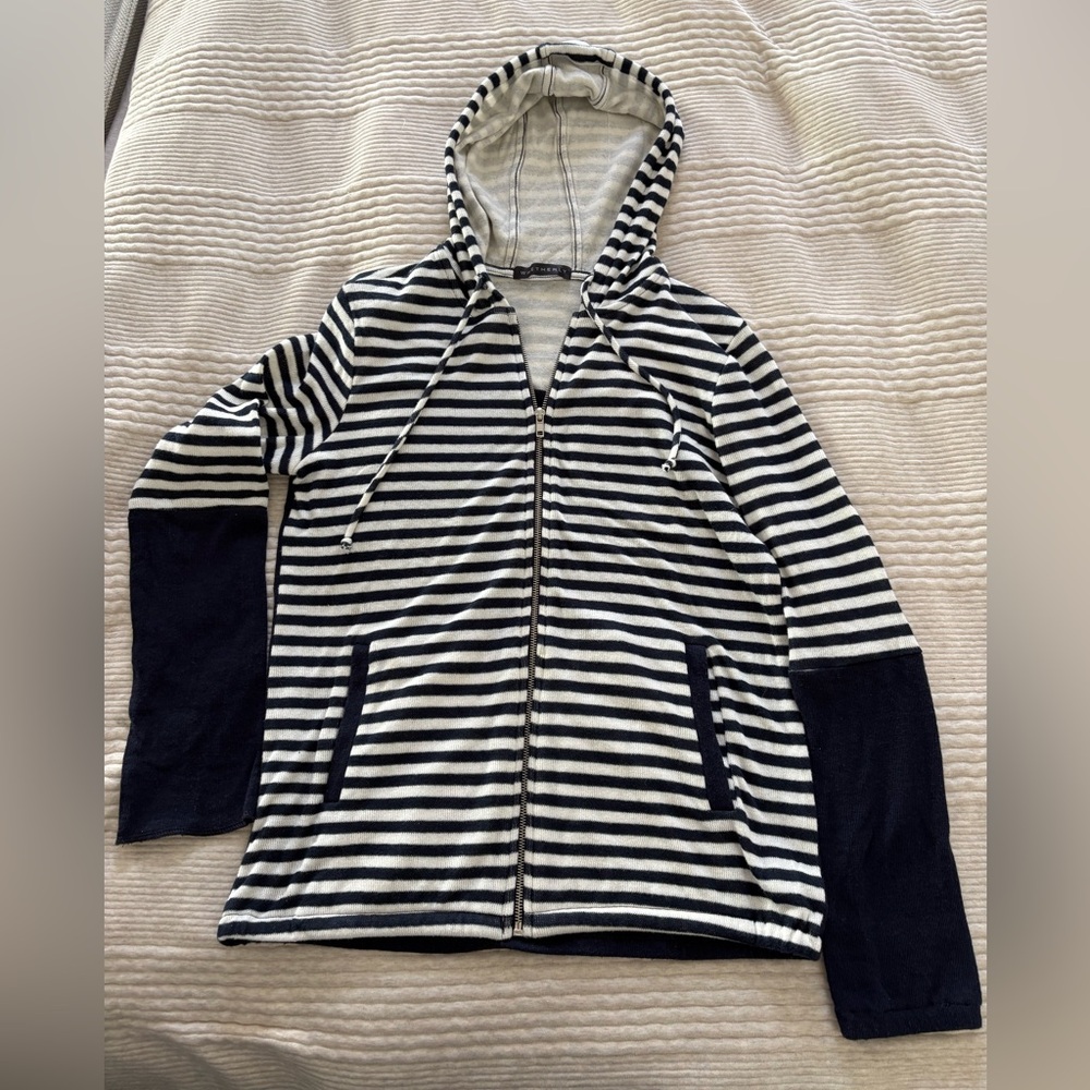 Whetherly Zip Up Hoodie Sweater Navy Blue White Stripe Women’s‎ Sz S